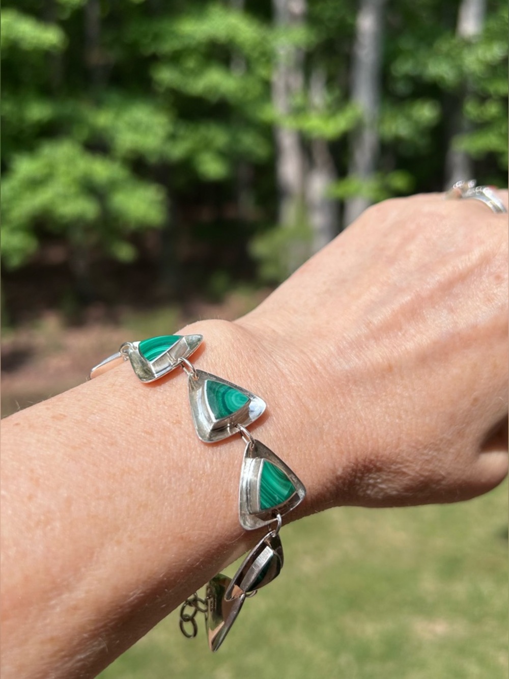 Silver 825 with Malachite Triangular Link bracelet- Geometric Design - Picture 2 of 4